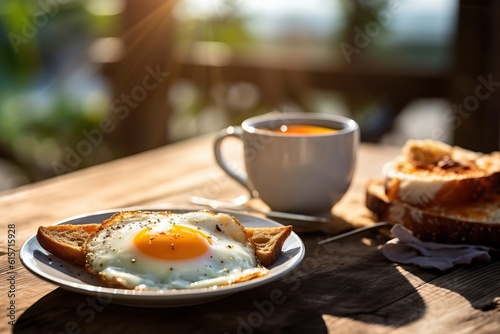 Breakfast fried eggs with a cup of coffee made with Generative AI