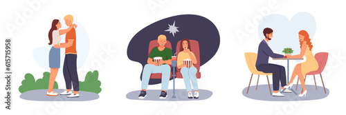 Set of man and woman hugging, watching movie in theater and meeting in restaurant. Friends meeting. Happy couple spending time together. Time for dating and walk. Flat vector illustration