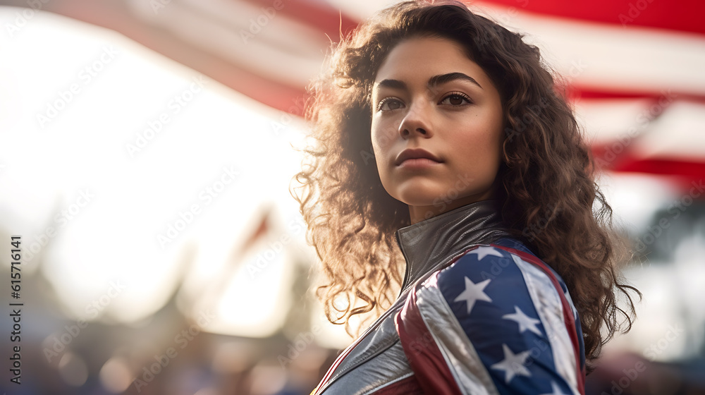 Naklejka premium Young woman in front of american flag.Created with Generative AI technology.