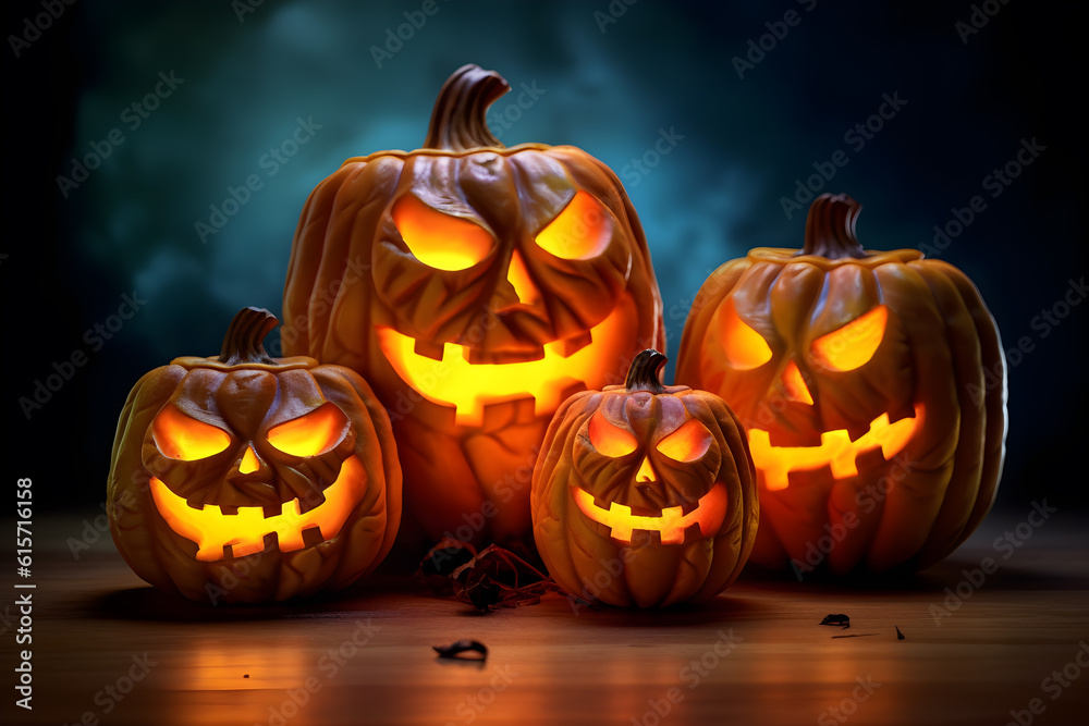 A captivating Halloween scene with a ghostly pumpkin emanating a neon glow, surrounded by swirling smoke for a spine-chilling atmosphere. Generative AI A captivating Halloween scene with a ghostly pumpkin emanating a neon glow, surrounded by swirling smoke for a spine-chilling atmosphere. Generative AI