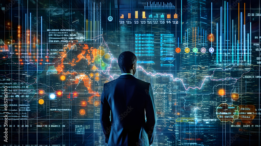 confident businessman expertly delving into the dynamic finance graph, uncovering opportunities and shaping success. Generative AI confident businessman expertly delving into the dynamic finance graph, uncovering opportunities and shaping success. Generative AI