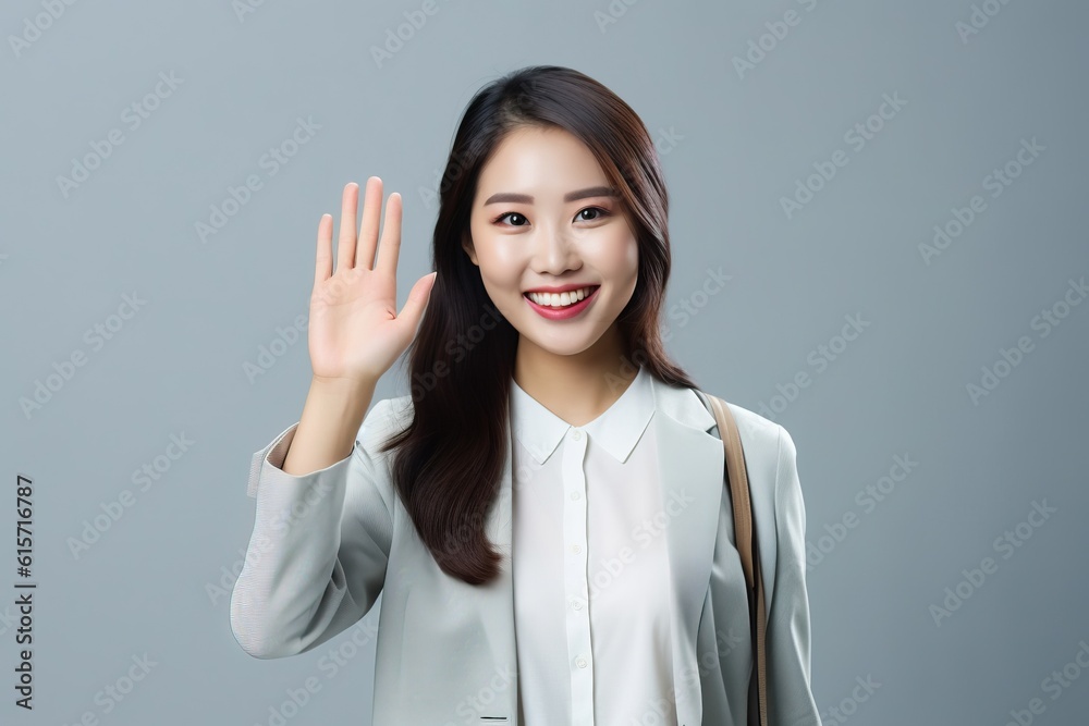 beautiful asian woman is greeting with a smile made with Generative AI beautiful asian woman is greeting with a smile made with Generative AI