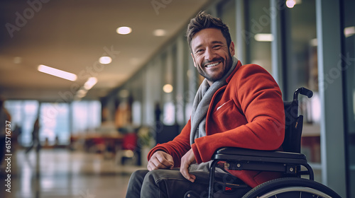 A smiling man in a wheelchair.Created with Generative AI technology.