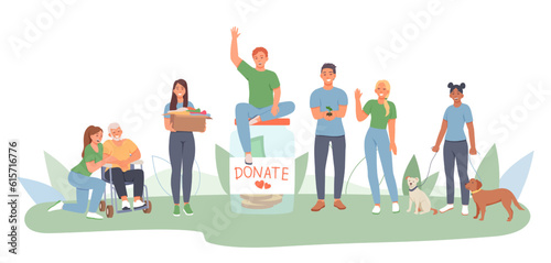 Young female helping man on wheelchair. Male sitting on jar for donate. Lady standing with dogs. Help and care for people in need with clothes and money. Flat vector illustration in green colors