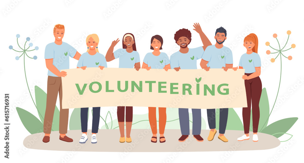 Group of young people holding poster with volunteer slogan and take picture together. Happy volunteers working together. Help and care for people in need concept. Flat vector illustration