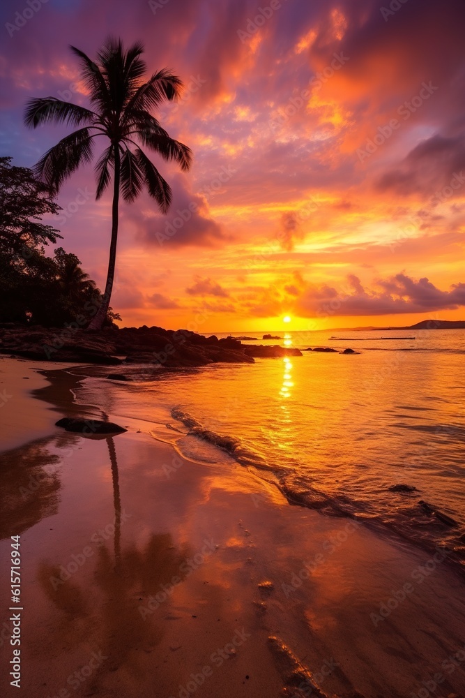 Serene Beach Sunset. Beautiful tropical beach with palm trees silhouettes at dusk. Generative ai.