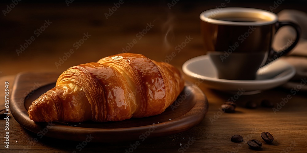 Croissant with a cup of coffee with light exposure made with Generative AI
