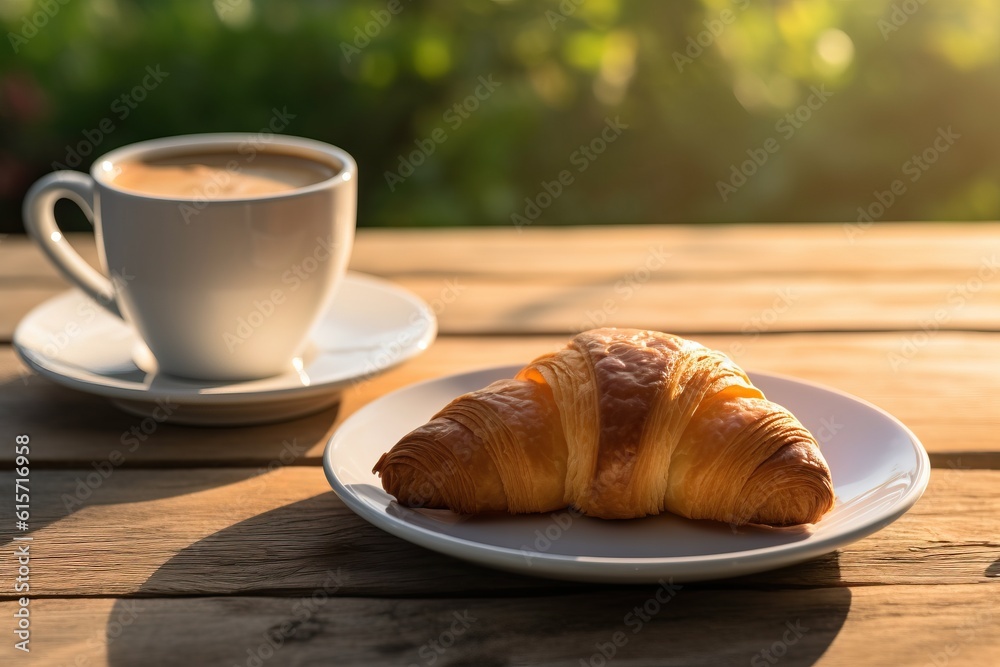Croissant with a cup of coffee with light exposure made with Generative AI