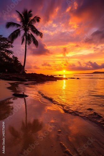 Serene Beach Sunset. Beautiful tropical beach with palm trees silhouettes at dusk. Generative ai.