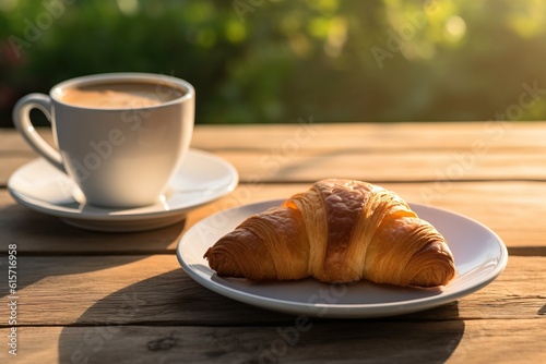 Croissant with a cup of coffee with light exposure made with Generative AI