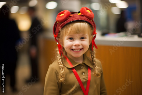 Happy girl in Customer Service Representative costume with Generative AI