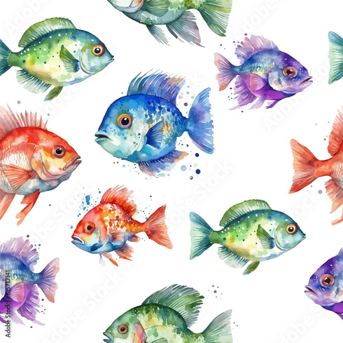 Cute fish. Colored watercolor fishes seamless pattern. Vector illustration