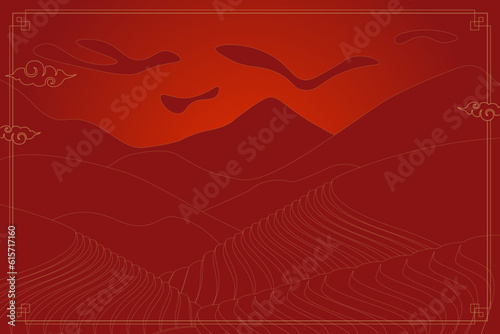 Rice field at red sunset poster. Chinese agricultural terraces in mountains landscape. Rural farmland scenery with paddy. Terraced farmer tea plantation. Asian agriculture meadow vector eps background