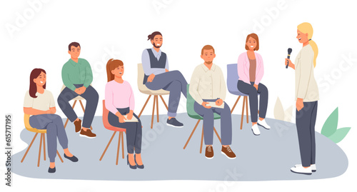 Active female holding microphone and talking to group of young people. Conference for different workers. Project presentation, collective meeting. Vector flat illustration in cartoon style