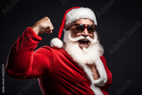 Strong muscular excited Santa Claus posing on black studio background. Generative AI