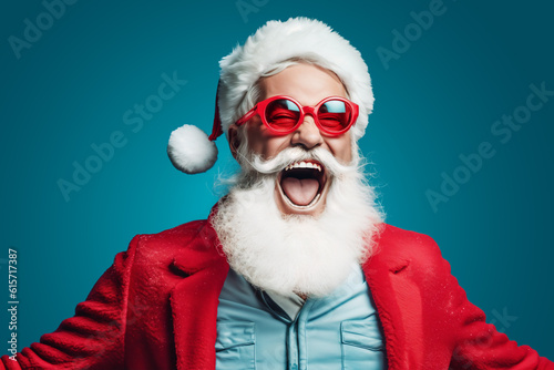 Funny excited Santa Claus wearing red glasses posing on blue studio background. Generative AI