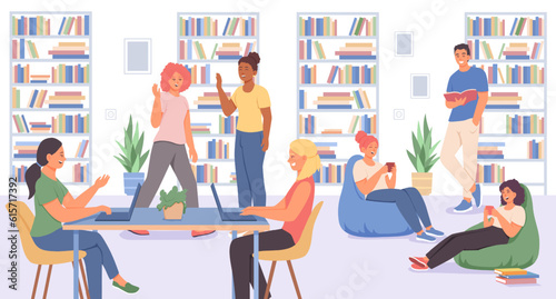 Different young workers doing job and talking in library. Friendly students studying, reading books, working with projects on laptop. Vector flat illustration in cartoon style