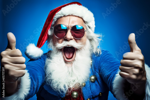 Funny excited Santa Claus wearing sunglasses showing thumbs up posing on blue studio background. Generative AI photo