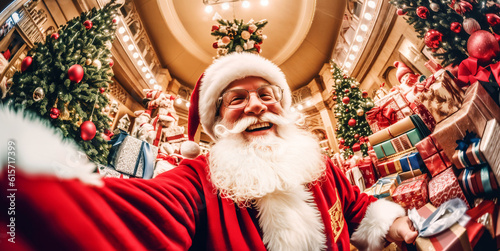 Smiling Santa Claus Santa claus selfie shot in decorated christmas room with gifts. Generative AI photo