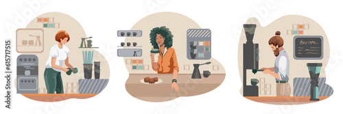 Set of young people working in coffee shops. Woman pouring drink in cups, man working near machine. American lady selling drinks to clients. Colorful flat vector illustration in cartoon style