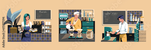 Waiter holding drinks ready for distributing orders to customers. Stylish man preparing coffee at work. Lady in apron prepare hot chocolate in coffee machine. Flat vector illustration