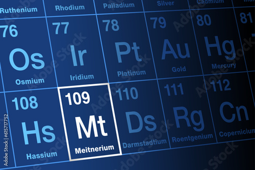 Meitnerium, on the periodic table. Extremly radioactive, superheavy, synthetic transactinide element, with element symbol Mt and atomic number 109. Named after Austrian-Swedish physicist Lise Meitner.