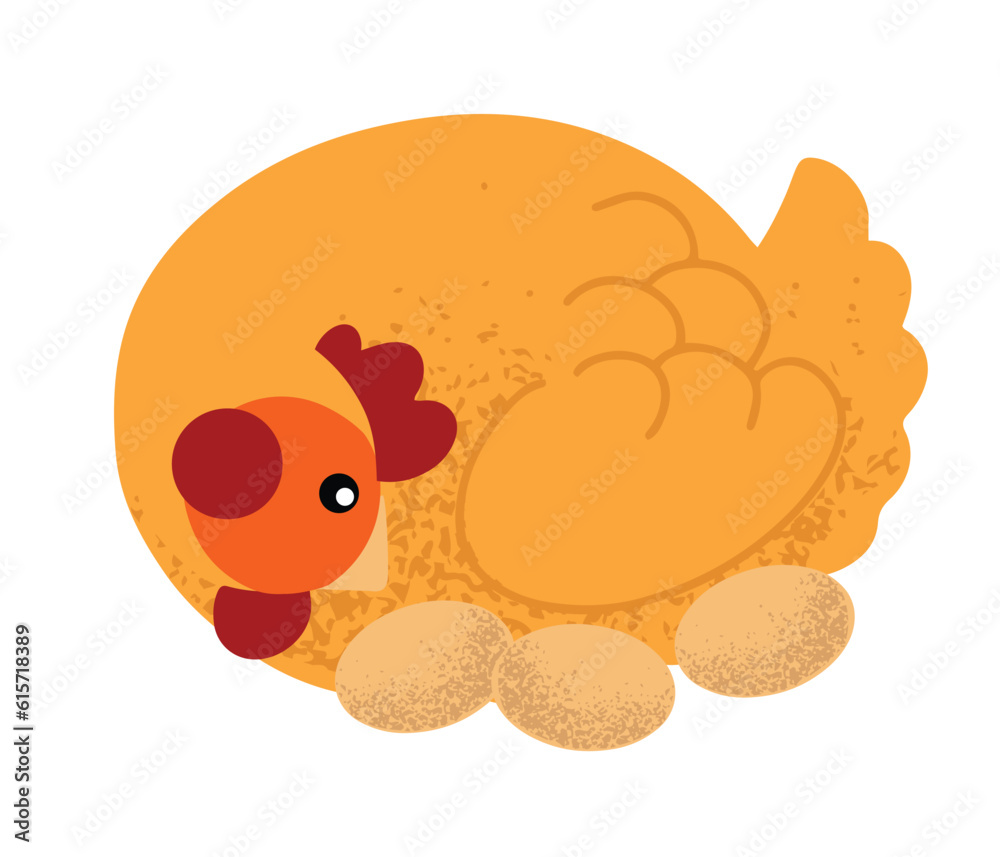 Hand drawn cute little hen hatches the eggs, isolated vector illustration in flat design Hand drawn cute little hen hatches the eggs, isolated vector illustration in flat design