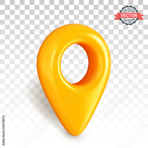 Yellow map pointer or GPS location icon in three-quarter front view. Realistic 3D vector graphics on transparent background with shadow