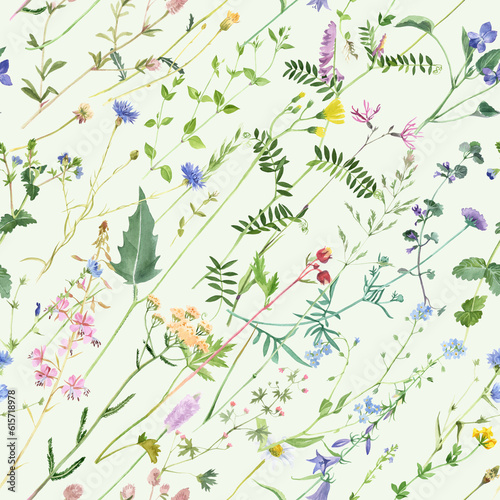  Hand drawn seamless pattern with vibrant meadow herbs. Watercolor illustration © Marina Gorskaya