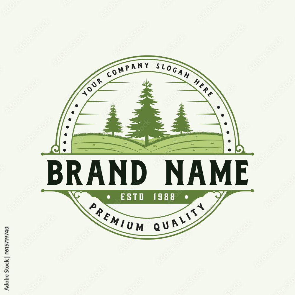 Antique and Pine trees vintage logo ,tree illustration logo, badge and pine logo icon vector design