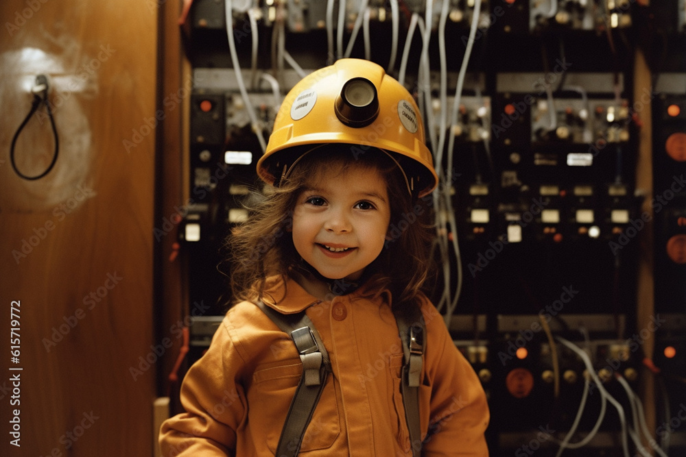 Happy girl in Electrician costume with Generative AI Happy girl in Electrician costume with Generative AI