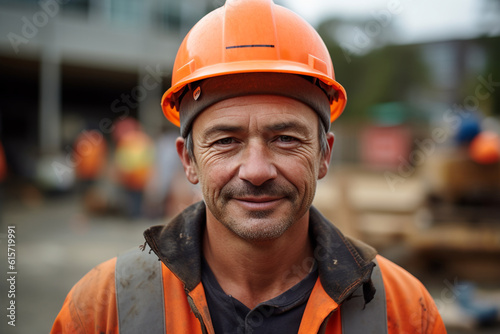 Portrait of a man worker in an orange helmet. Generative Ai