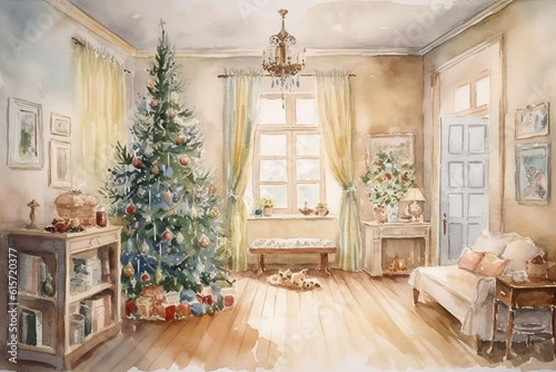 Christmas and New Year interior with a Christmas tree and gifts. Watercolor painting.