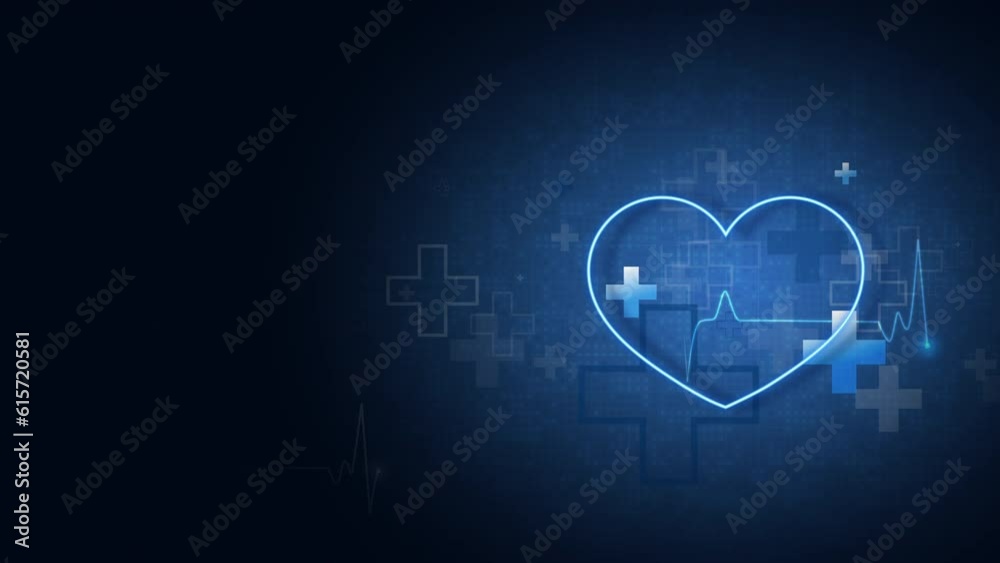 Heart shape with animated cardio pulse. Health care medical blue background with crosses symbols of help. Looped motion graphics.