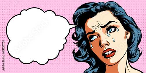Crying young beautiful woman with speech bubble  vector illustration in vintage pop art comic style