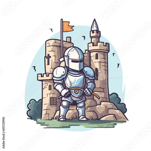 Fotografia Playful cartoon Knight at castle sticker Illustrations in minimalist detailed st