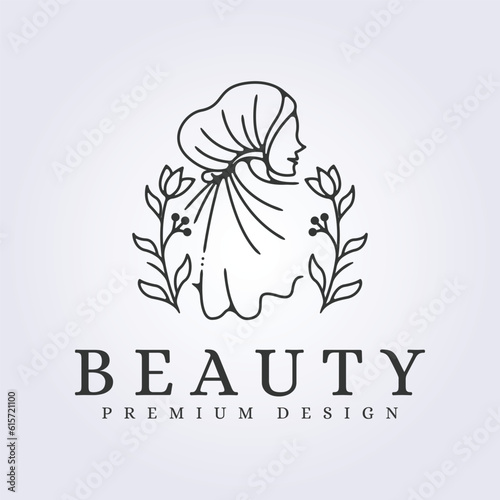 waving beauty hijab line logo vector illustration design template icon background