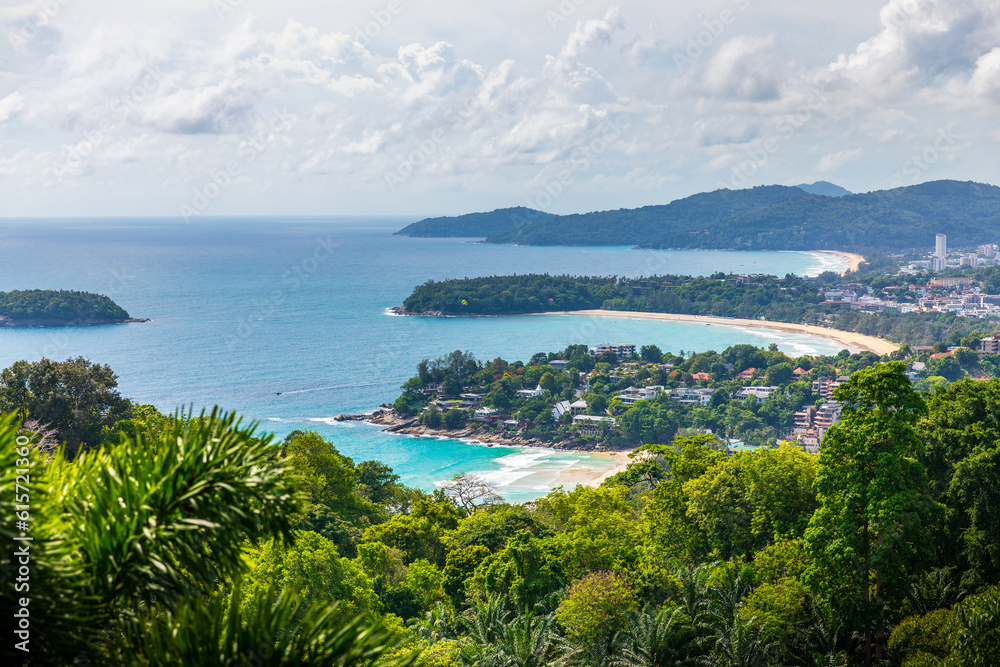 Aerial view over three popular beaches on Andaman sea of Phuket, Thailand.