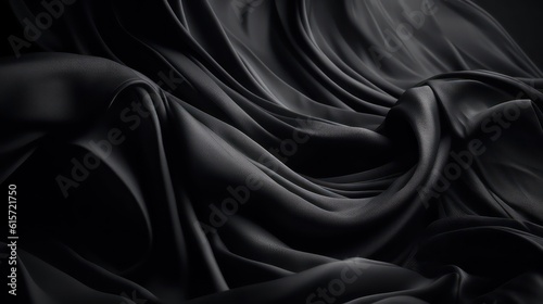 Beautiful black fabric background. Wavy soft folds. Elegance black satin wallpaper background. Generative AI.