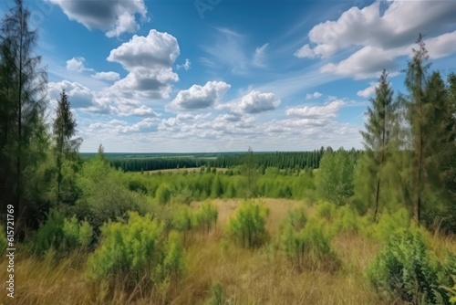 Beautiful natural landscape. Coniferous forest and sky. Generative AI.