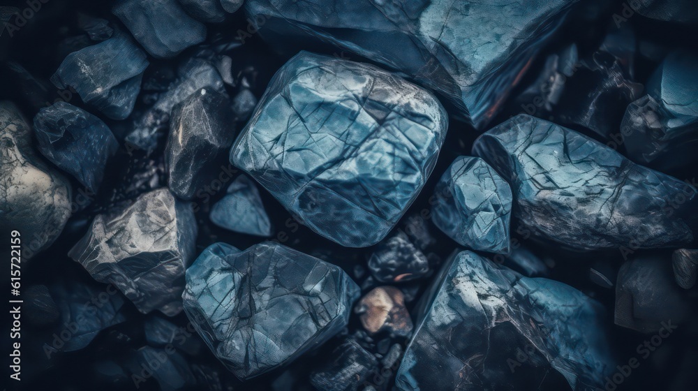 Blue stone background. Toned rock texture. Macro. Marble rock wallpaper background. Generative AI.