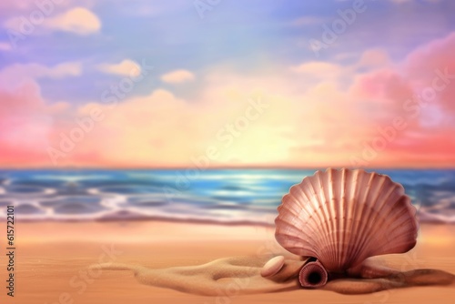 A blurred sky backdrop, with shell on beach, shallow water. (Illustration, Generative AI)