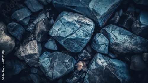 Blue stone background. Toned rock texture. Macro. Marble rock wallpaper background. Generative AI.