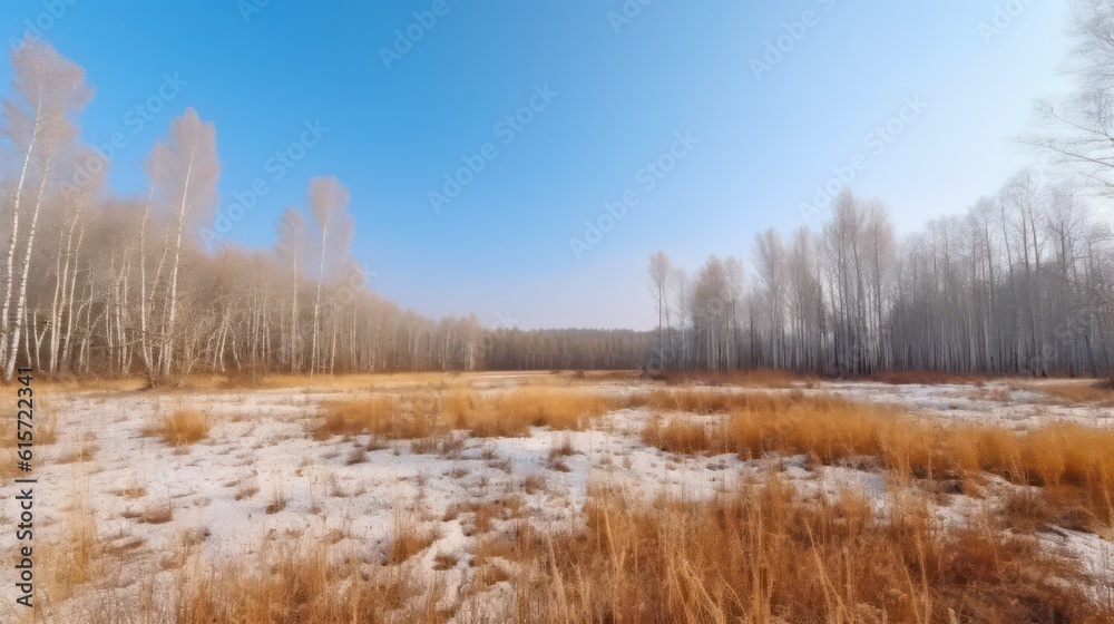 Glade with dry yellow grass in the forest. Birch grove forest. Generative AI.