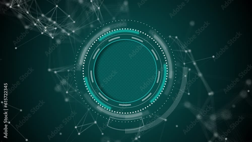 Digital animated circle HUD interface on green background with plexus dots and lines. Futuristic technological looped element. Copy space.