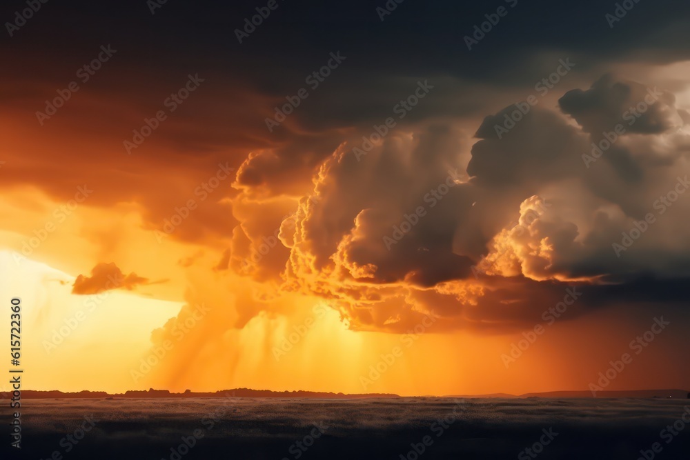 Golden sunset. Dramatic orange yellow sky. Thunderclouds wallpaper background. Generative AI.