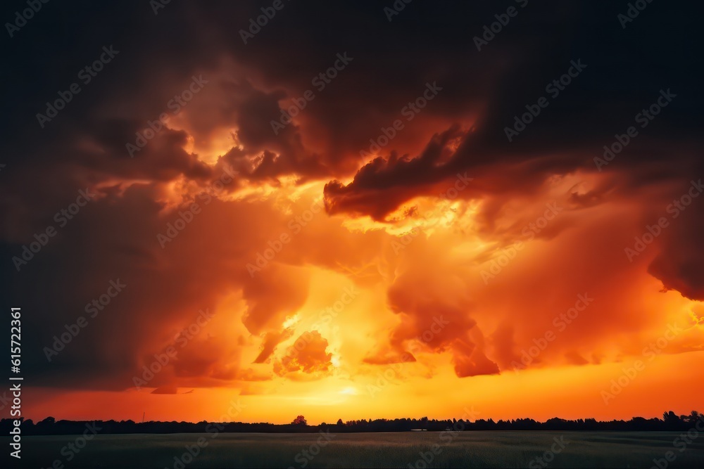 Golden sunset. Dramatic orange yellow sky. Thunderclouds wallpaper background. Generative AI.