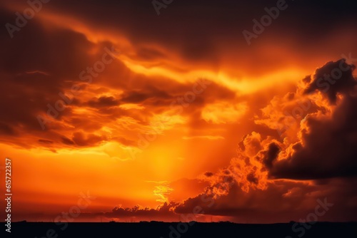 Golden sunset. Dramatic orange yellow sky. Thunderclouds wallpaper background. Generative AI. © SaraY Studio 