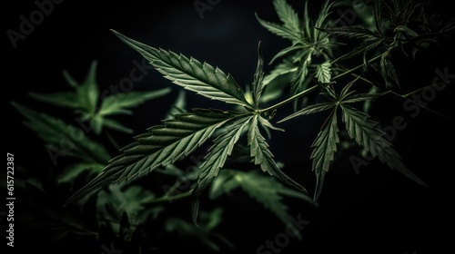 Green cannabis leaves on a black background. Hemp. Close-up view wallpaper background. Generative AI.