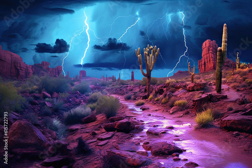 cactus and rocks with monsoon lightning hitting them, ai generative photo